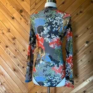 Forever 21 Mesh Semi Sheer Print Long Sleeve Bodysuit Sz Small